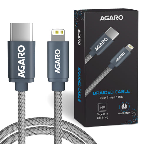 USB C to Lightning Braided Sync & Charge Cable For iPhone, iPad and iPod, Fast Charging Lightning Cable, 3.2 Feet (1M), Grey